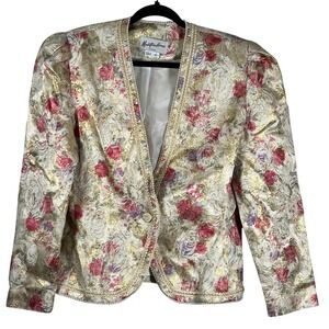 Mountain Home Vintage Stunning Elegant Metallic Cream Pink Floral Blazer Pearl